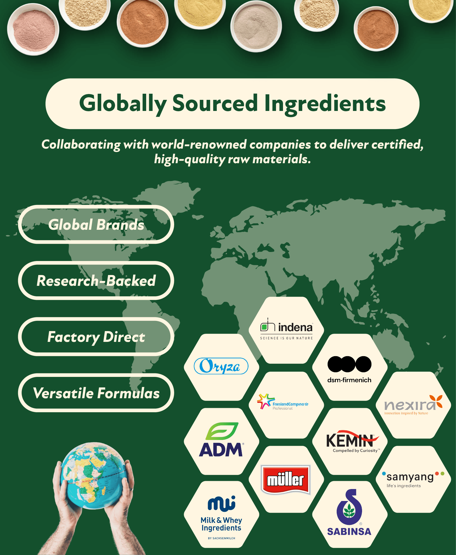 HG BIO sources premium ingredients worldwide and partners with leading global manufacturers.