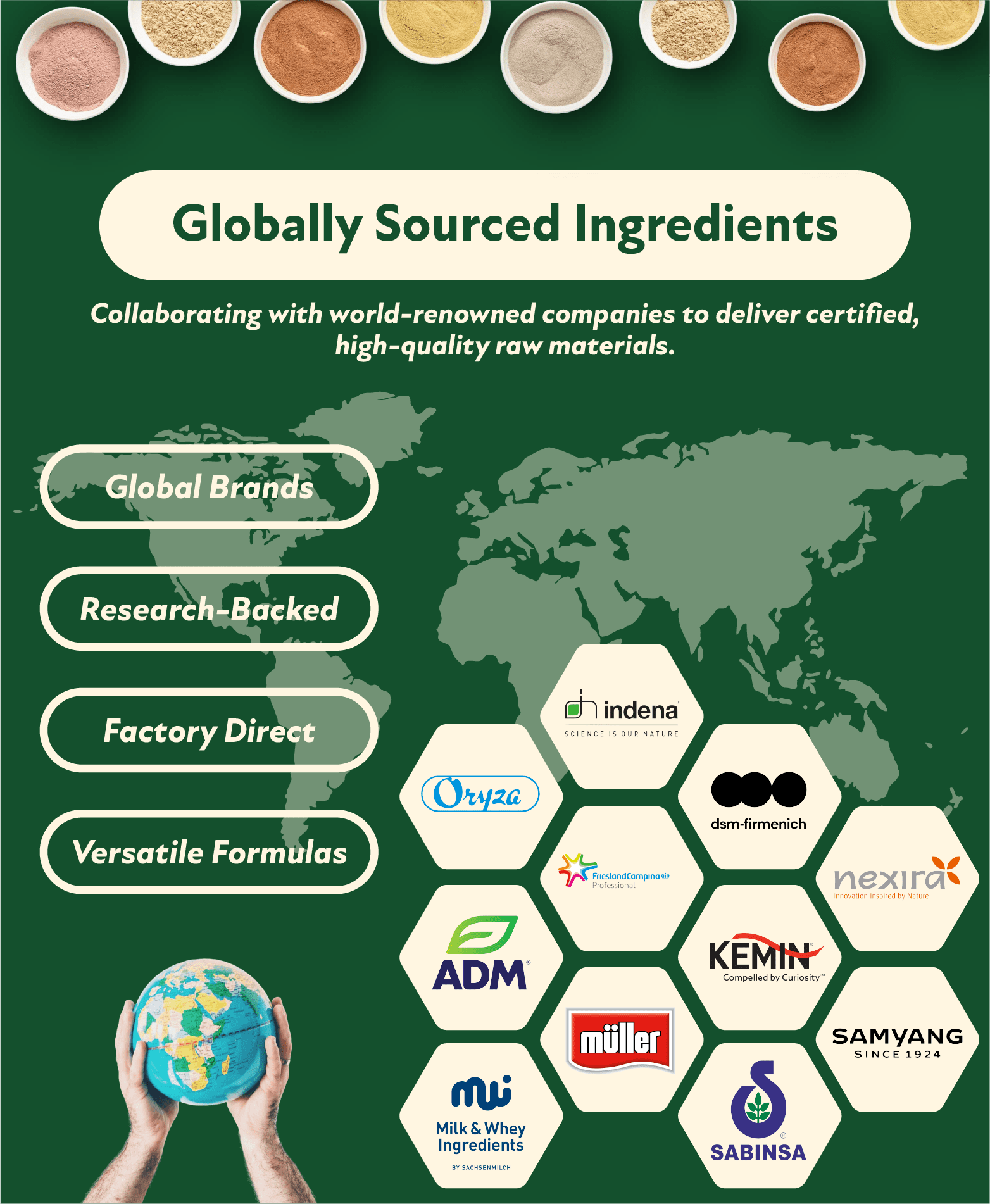 HG BIO sources premium ingredients worldwide and partners with leading global manufacturers.